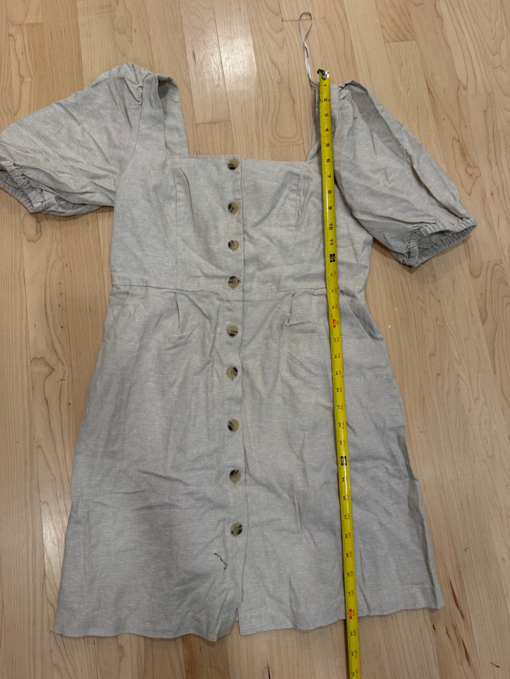 Old Navy Light Tan Button-Front Mini Dress with Puff Sleeves